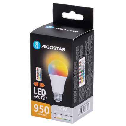 Aigostar - Ampoule LED RGBW dimmable A60 E27/10W/230V 3000K + télécommande
