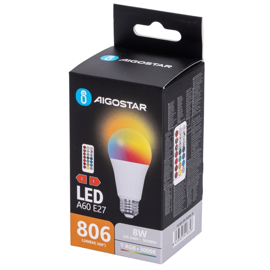 Aigostar - Ampoule LED RGBW dimmable A60 E27/8W/230V 3000K + télécommande