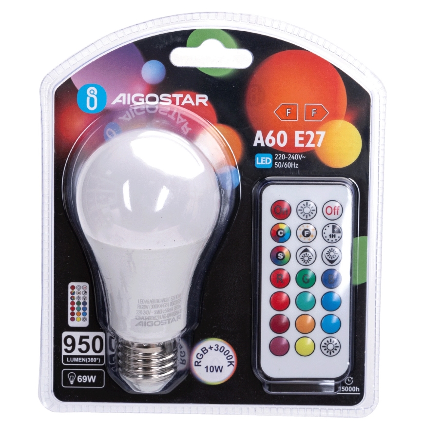 Aigostar - Ampoule LED RGBW dimmable E27/10W/230V 3000K + télécommande