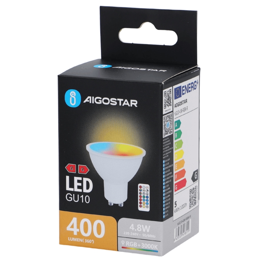 Aigostar - Ampoule LED RGBW dimmable GU10/4,8W/230V 3000K + télécommande