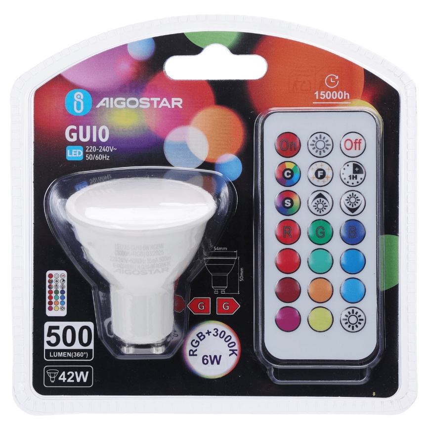 Aigostar - Ampoule LED RGBW dimmable GU10/6W/230V 3000K + télécommande