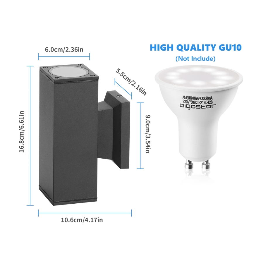Aigostar - Applique murale d'extérieur 2xGU10/230V IP65 noire carrée