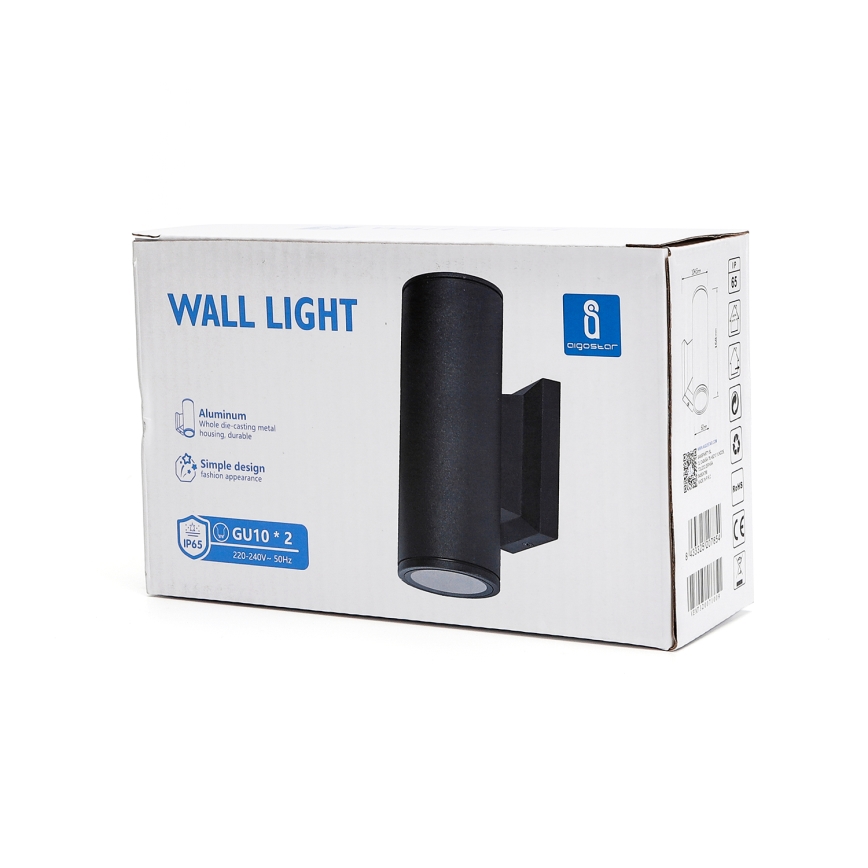 Aigostar - Applique murale extérieure ronde 2xGU10/35W/230V noire IP65