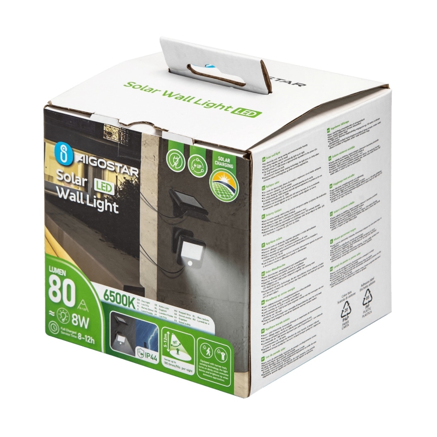 Aigostar - Applique murale solaire avec détecteur LED/0,64W/3,7V 600 mAh 6500K IP44