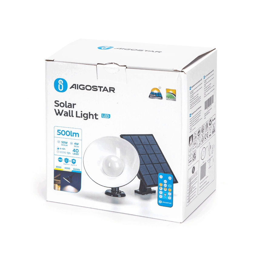 Aigostar - Applique murale solaire LED/3,2V 3000K/4000K/6500K 5000 mAh IP65 + Télécommande