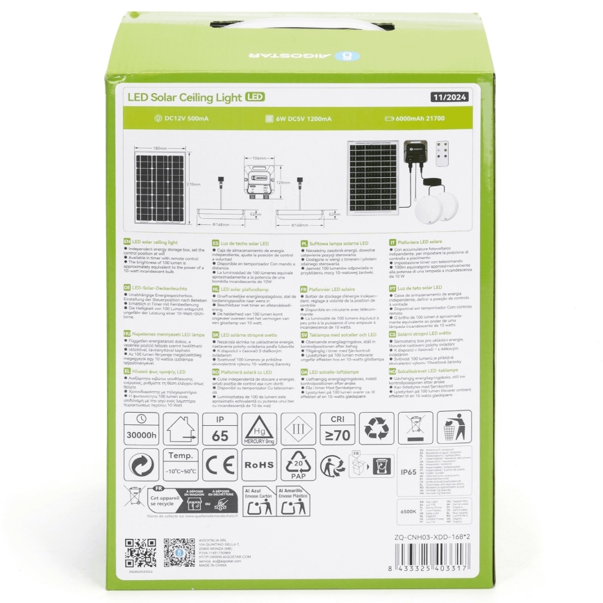 Aigostar - Lampe solaire LED 2xLED/35W/12V 6000 mAh 6500K Ø 16,8 cm avec télécommande