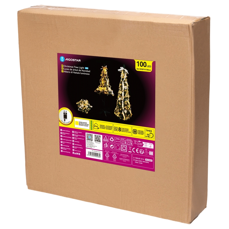 Aigostar - Sapin de Noël LED d'extérieur 100 LED 1,5 m IP44 blanc/or, blanc chaud