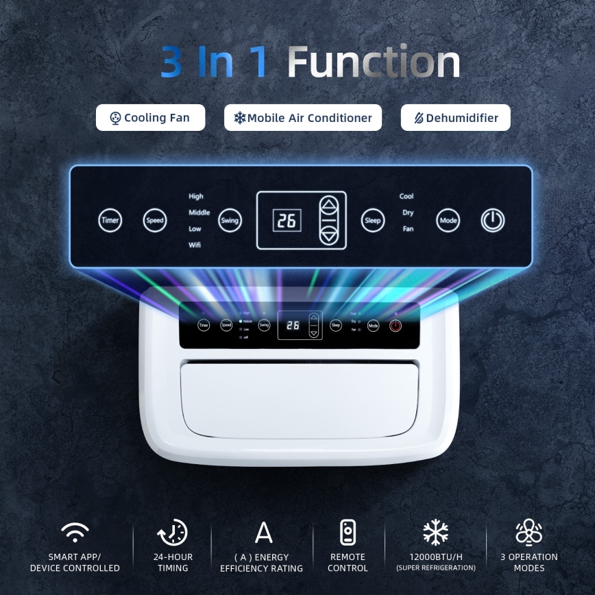 Aigostar - Climatiseur mobile intelligent 1337 W/230 V 12000 BTU Wi-Fi blanc + télécommande