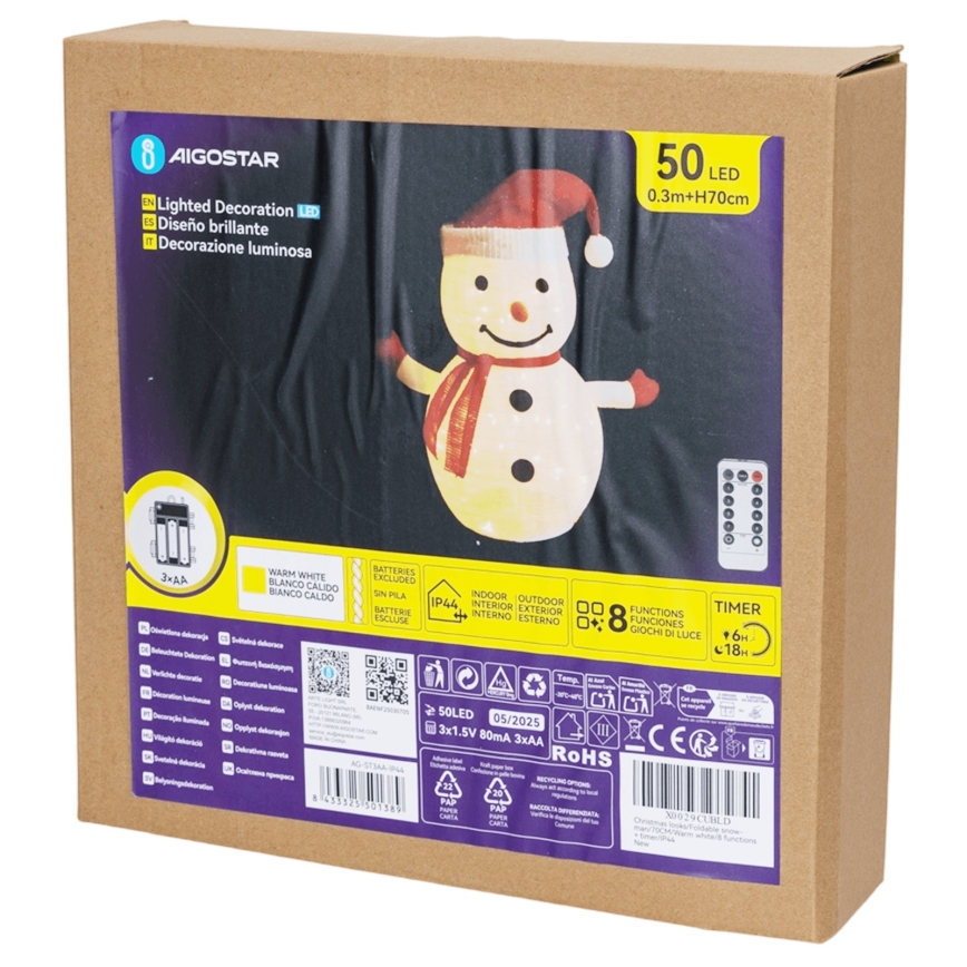 Aigostar - Décoration LED de Noël extérieure, bonhomme de neige 0,7 m, 50 LED, IP44, alimentée par 3 × piles AA, avec télécommande