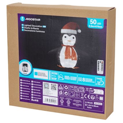 Aigostar - Décoration de Noël LED extérieure, pingouin, 50xLED/3xAA, IP44