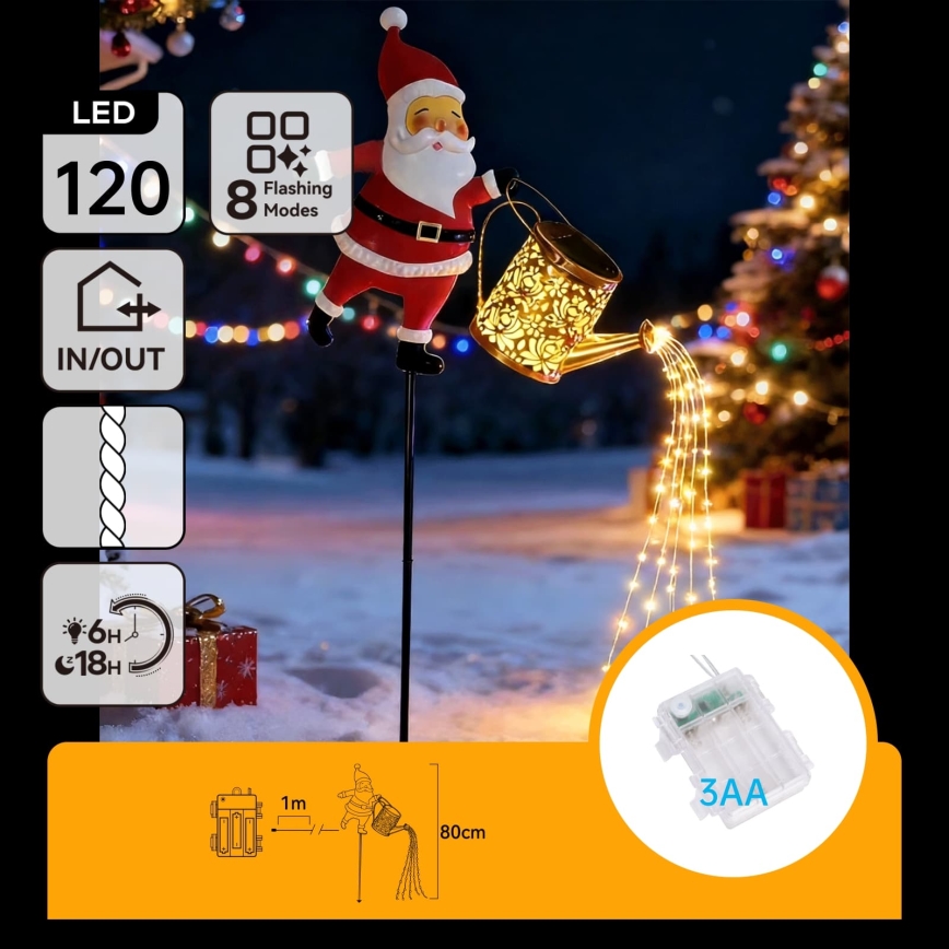 Aigostar - Décoration de Noël LED pour extérieur 120xLED/3xAA/8 fonctions 80 cm IP44 Santa/blanc chaud