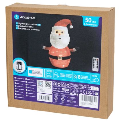 Aigostar - Décoration lumineuse de Noël extérieure LED 50xLED/3xAA 0,7m IP44 blanc froid Santa Claus