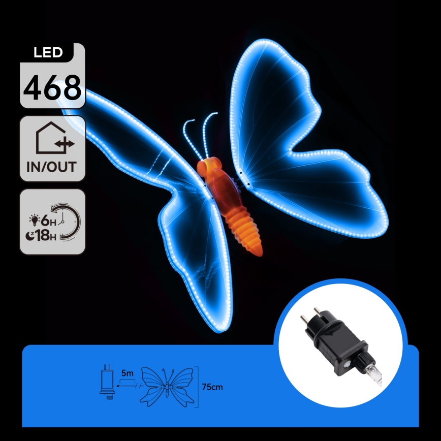 Aigostar - Décoration LED d'extérieur 468xLED 75 cm IP44 papillon/bleu
