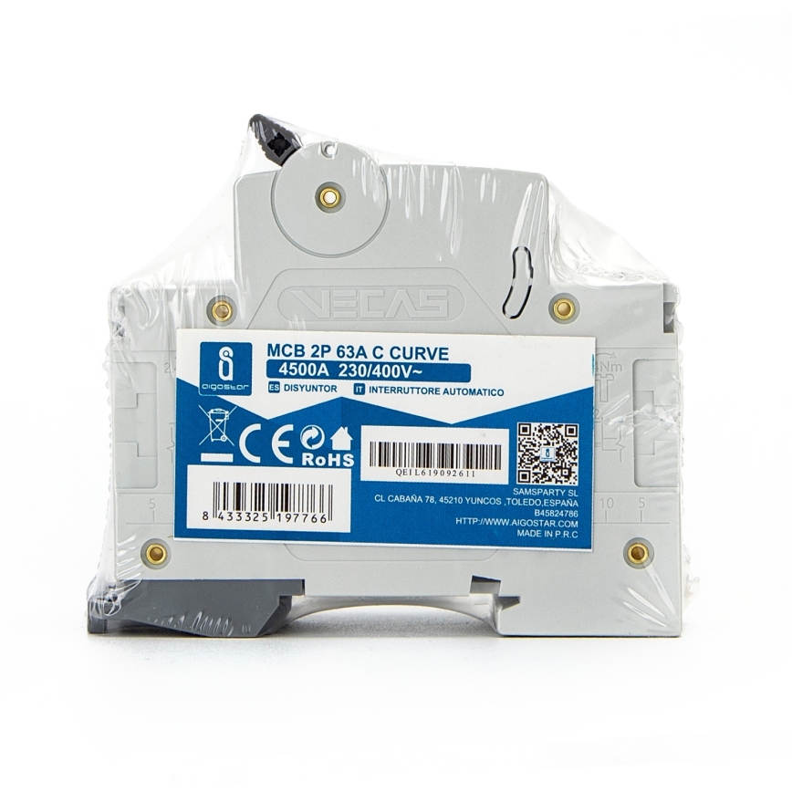 Aigostar - Disjoncteur bipolaire 2P-63A-C 230-400V