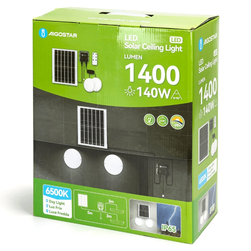 Aigostar - Éclairage solaire 2xLED/70W/12V 12000 mAh 6500K d. 20,5 cm + Télécommande