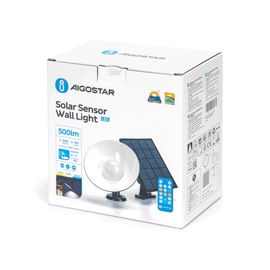 Aigostar - Éclairage solaire avec détecteur LED/3,2V 3000K/4000K/6500K IP65 5000 mAh Télécommande