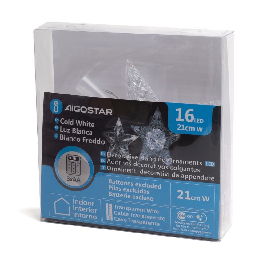 Aigostar - Étoile LED de Noël, 16 LED, 3 x AA, blanc froid