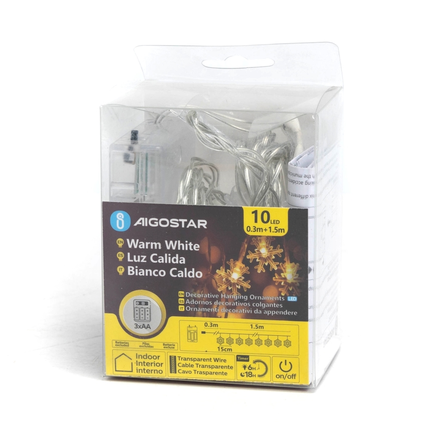 Aigostar - Guirlande de Noël à LED, 10 LED, alimentée par 3 piles AA, 1,5 m, blanc chaud, motif flocons