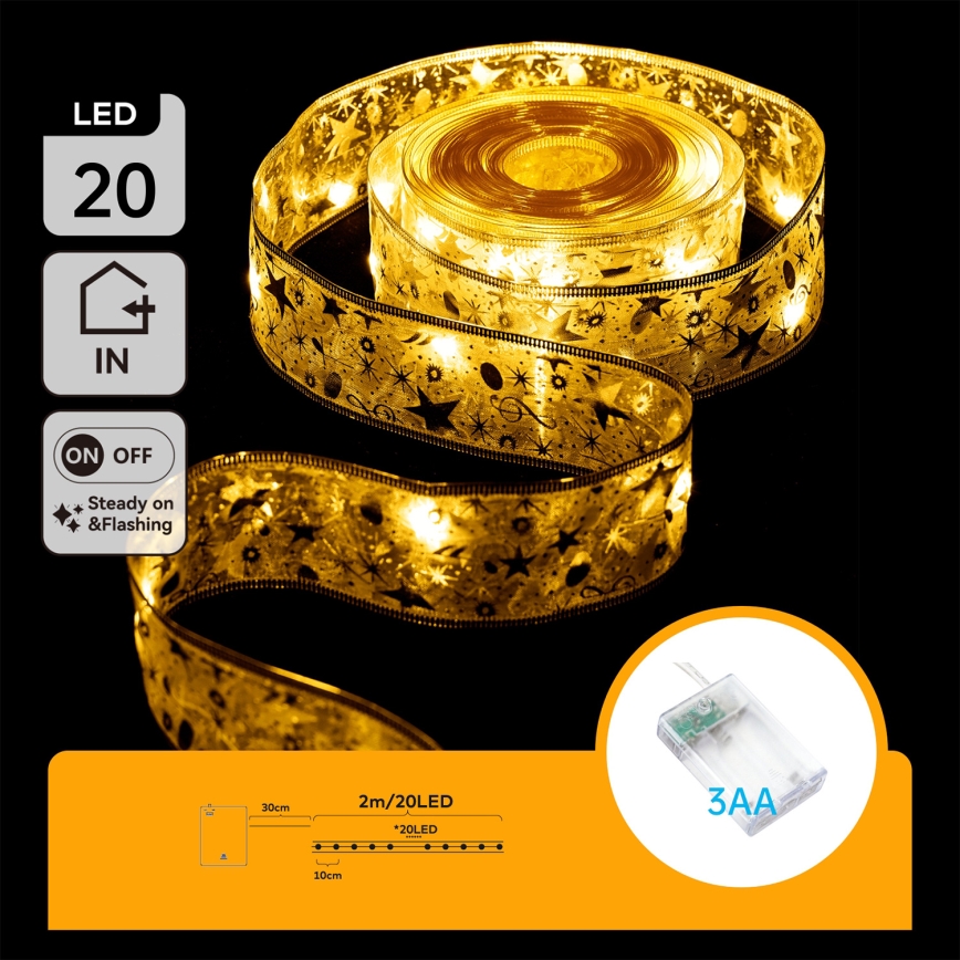 Aigostar - Guirlande de Noël à LED 20 LED/3 piles AA/2 m blanc chaud, doré