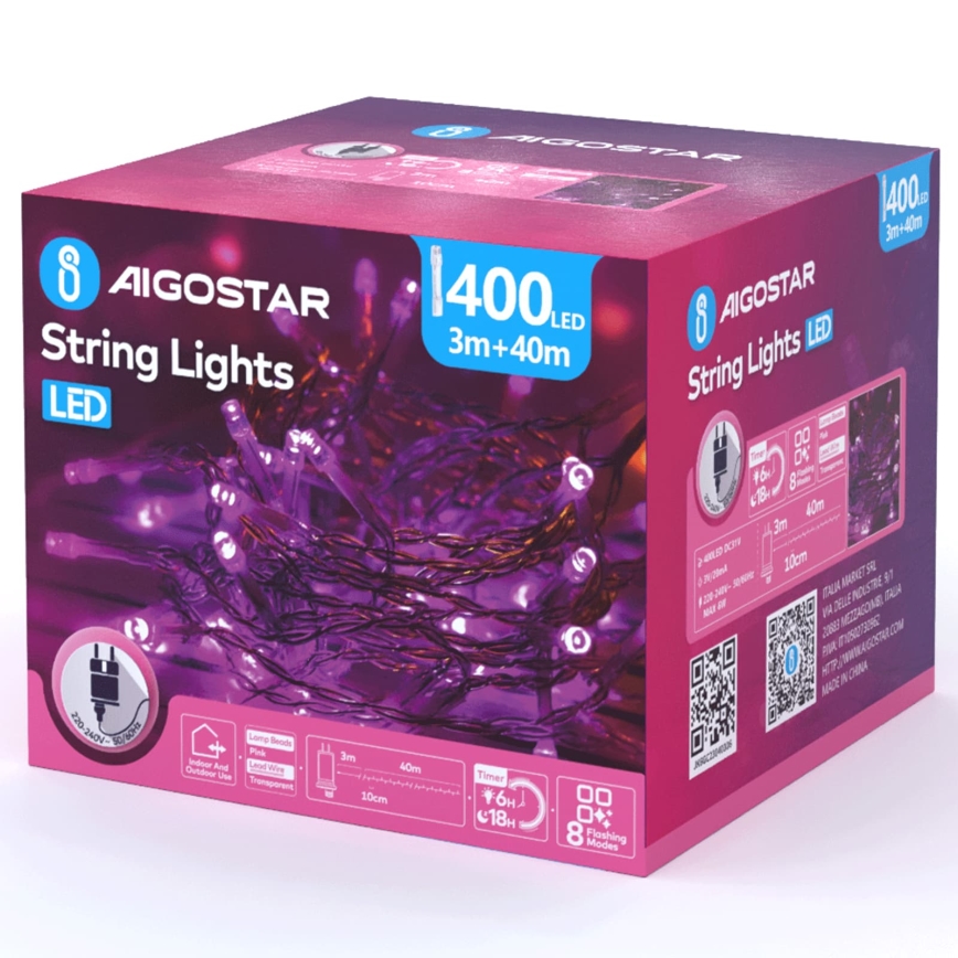 Aigostar - Guirlande de Noël d'extérieur 400 LED / 8 fonctions 43 m IP44 rose