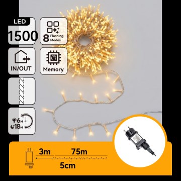 Aigostar - Guirlande de Noël d'extérieur LED 1500xLED/8 fonctions 78m IP44 blanc chaud