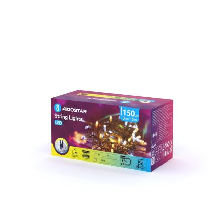 Aigostar - Guirlande lumineuse LED de Noël d'extérieur 150xLED/8 fonctions 18m IP44 blanc chaud/blanc froid