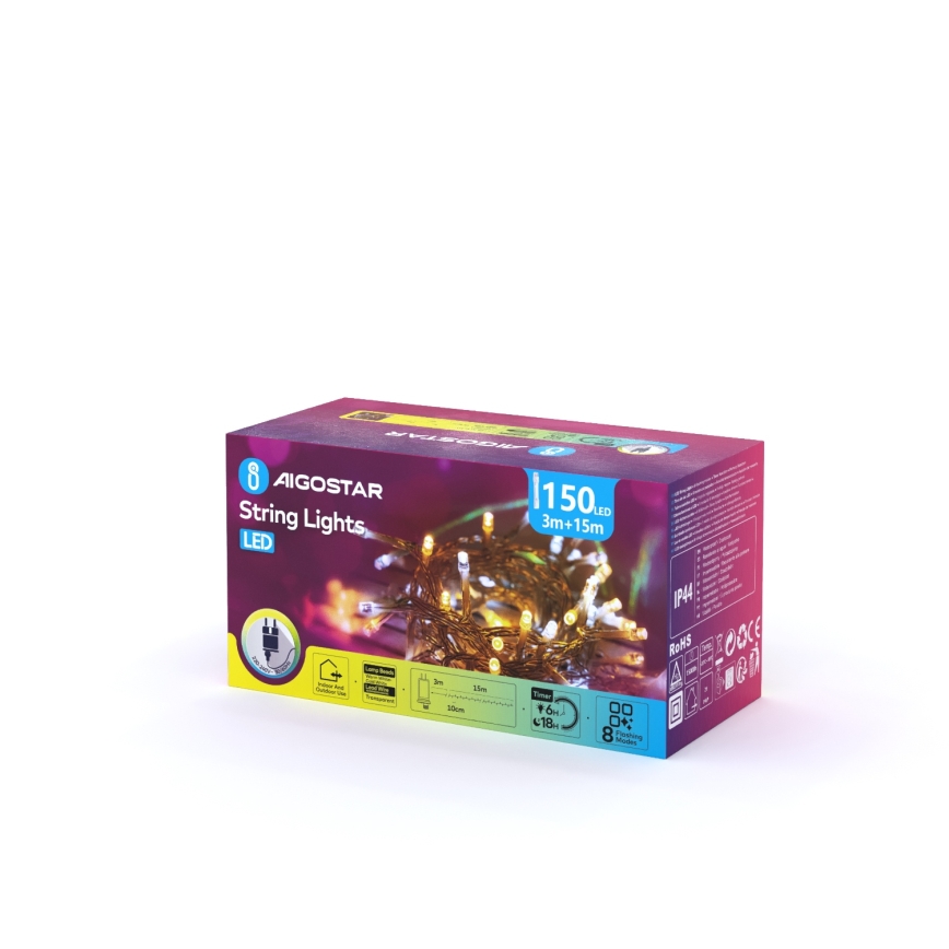 Aigostar - Guirlande lumineuse LED de Noël d'extérieur 150xLED/8 fonctions 18m IP44 blanc chaud/blanc froid
