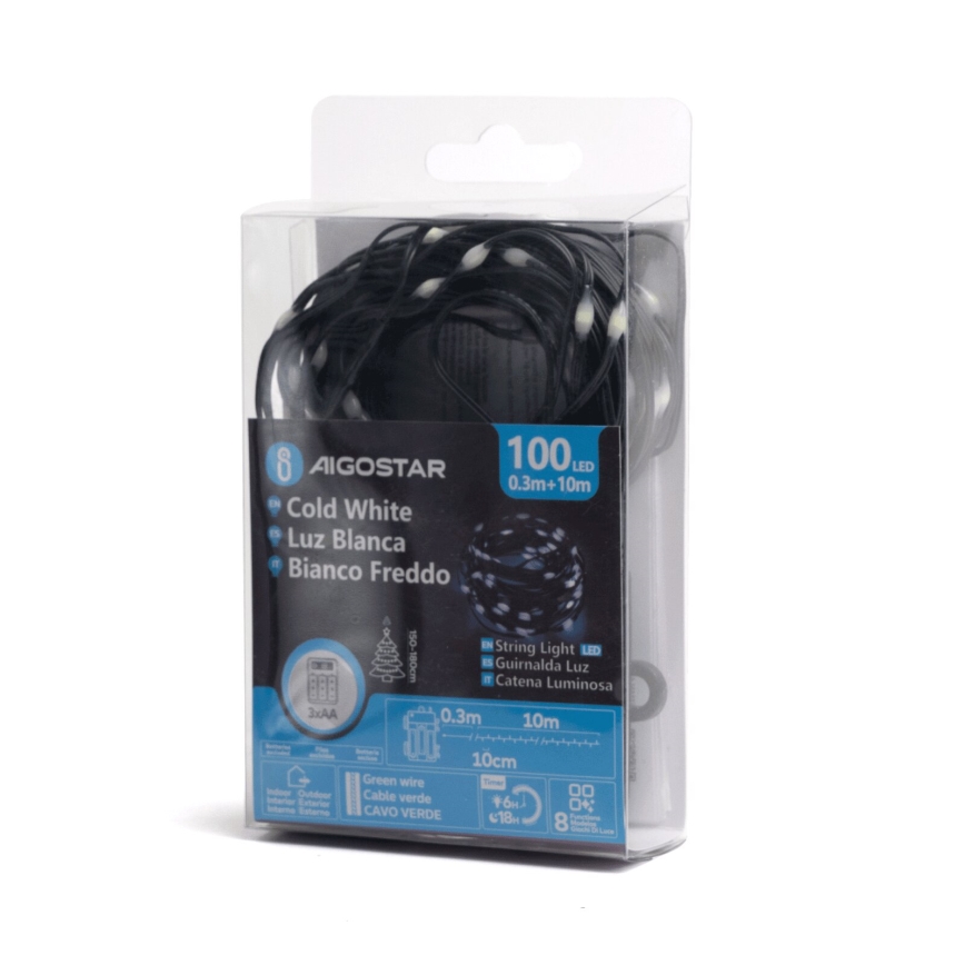 Aigostar - Guirlande de Noël extérieure 100xLED/8 fonctions 10,3m IP44 blanc froid