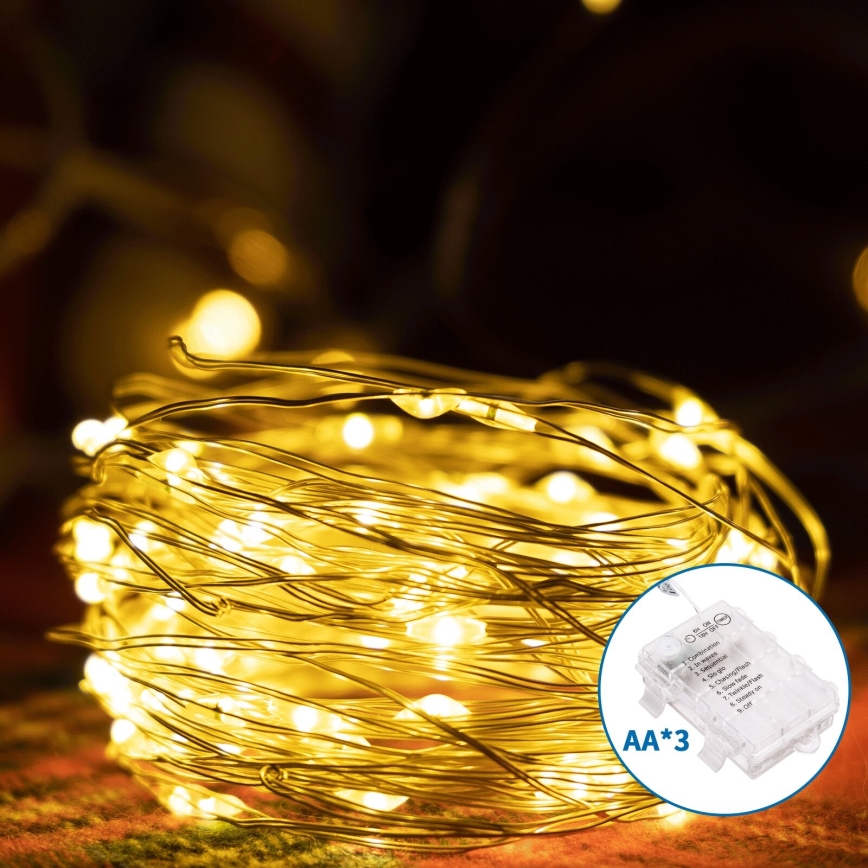 Aigostar -Guirlande de Noël extérieure 100xLED/8 fonctions 3xAA 10,3m IP44 blanc chaud