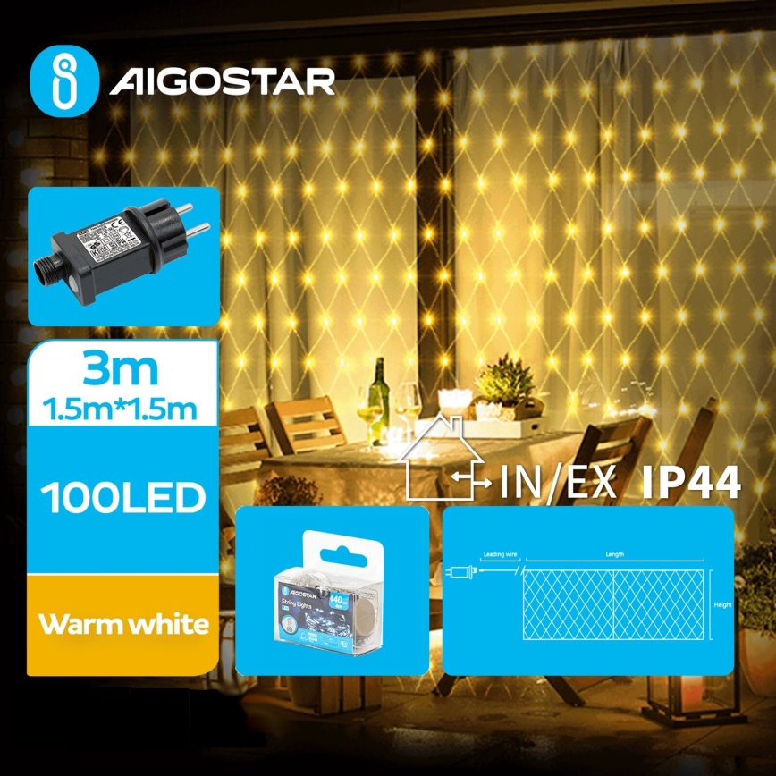 Aigostar - Guirlande de Noël extérieure 100xLED/8 fonctions 4,5x1,5m IP44 blanc chaud