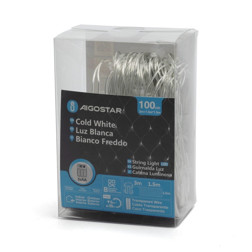 Aigostar -Guirlande de Noël extérieure 100xLED/8 fonctions 4,5x1,5m IP44 blanc froid
