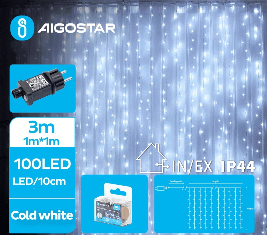 Aigostar - Guirlande de Noël extérieure 100xLED/8 fonctions 4x1m IP44 blanc froid