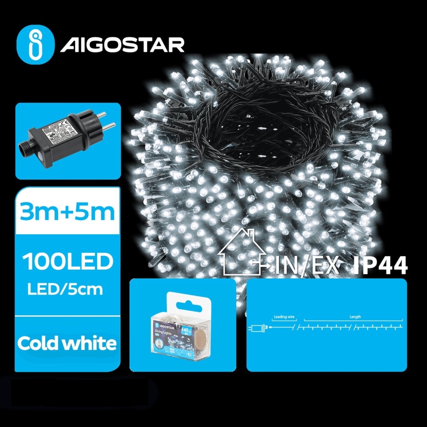Aigostar - Guirlande de Noël extérieure 100xLED/8 fonctions 8m IP44 blanc froid