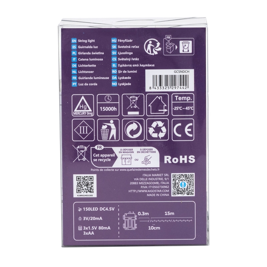 Aigostar - Guirlande de Noël extérieure 150xLED/8 fonctions 15,3m IP44 blanc froid