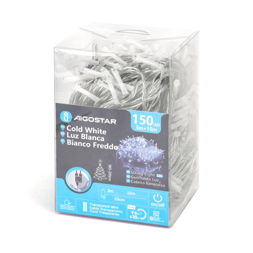 Aigostar - Guirlande de Noël extérieure 150xLED/8 fonctions 18m IP44 blanc froid