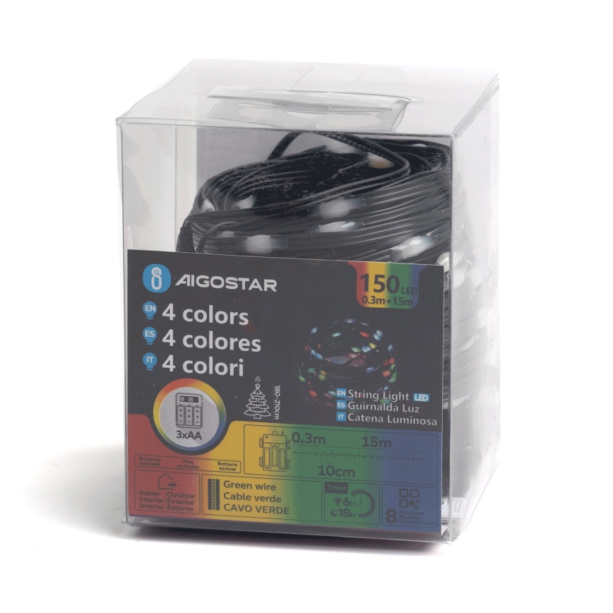 Aigostar -Guirlande de Noël extérieure 150xLED/8 fonctions 3xAA 15,3m IP44 multicolore