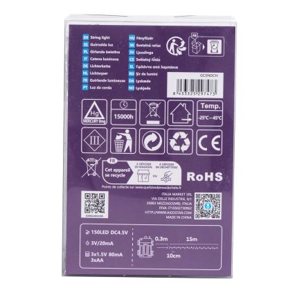 Aigostar -Guirlande de Noël extérieure 150xLED/8 fonctions 3xAA 15,3m IP44 multicolore