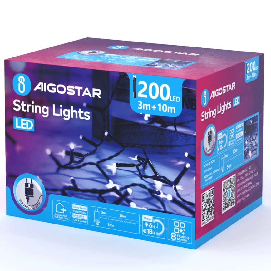 Aigostar - Guirlande de Noël extérieure 200xLED/8 fonctions 13m IP44 blanc froid