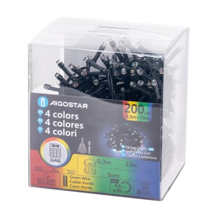 Aigostar -Guirlande de Noël extérieure 200xLED/8 fonctions 3xAA 10,3m IP44 multicolore