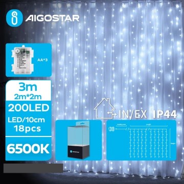 Aigostar - Guirlande de Noël extérieure 200xLED/8 fonctions 3xAA 5x2m IP44 blanc froid