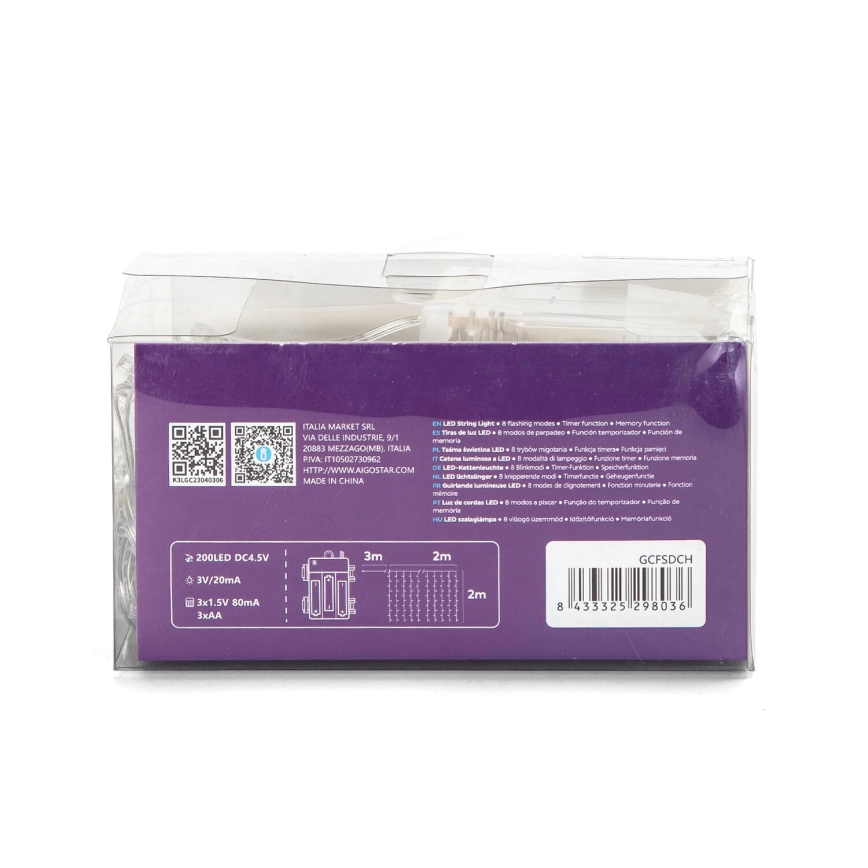 Aigostar - Guirlande de Noël extérieure 200xLED/8 fonctions 3xAA 5x2m IP44 multicolore