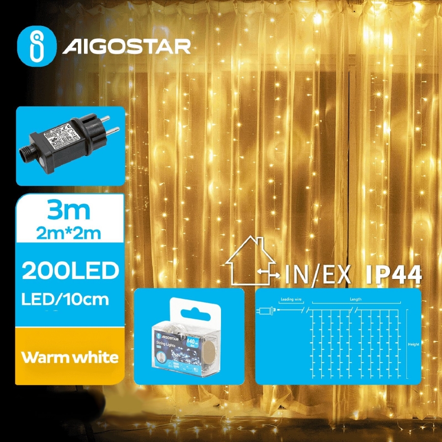 Aigostar - Guirlande de Noël extérieure 200xLED/8 fonctions 5x2m IP44 blanc chaud