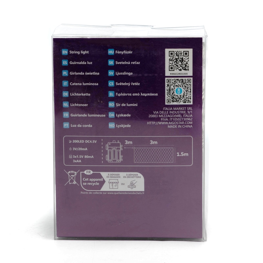 Aigostar - Guirlande de Noël extérieure 200xLED/8 fonctions 6x1,5m IP44 blanc froid