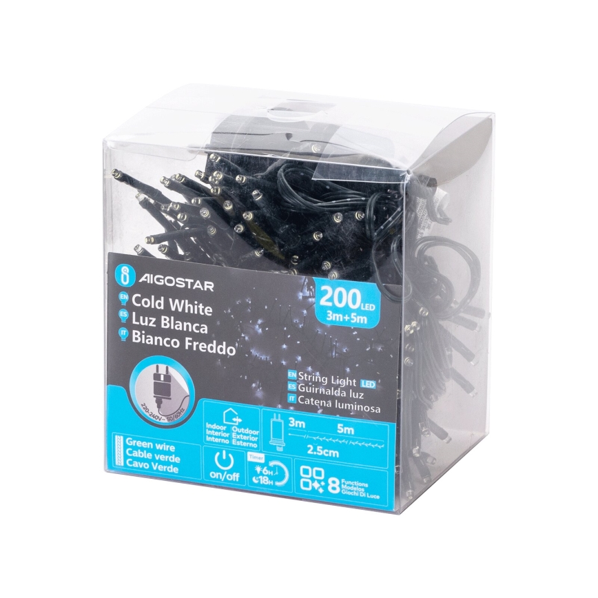 Aigostar - Guirlande de Noël extérieure 200xLED/8 fonctions 8m IP44 blanc froid