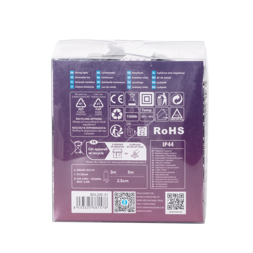 Aigostar - Guirlande de Noël extérieure 200xLED/8 fonctions 8m IP44 blanc froid