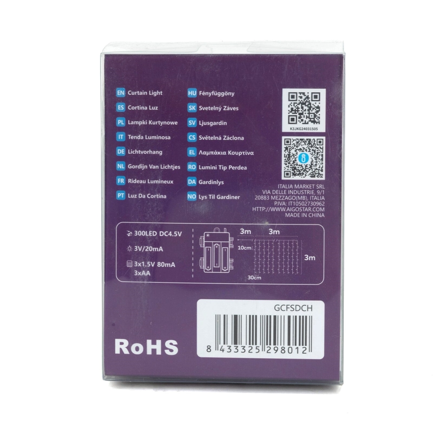 Aigostar-Guirlande de Noël extérieure 300xLED/8 fonctions 3xAA 6x2m IP44 blanc froid