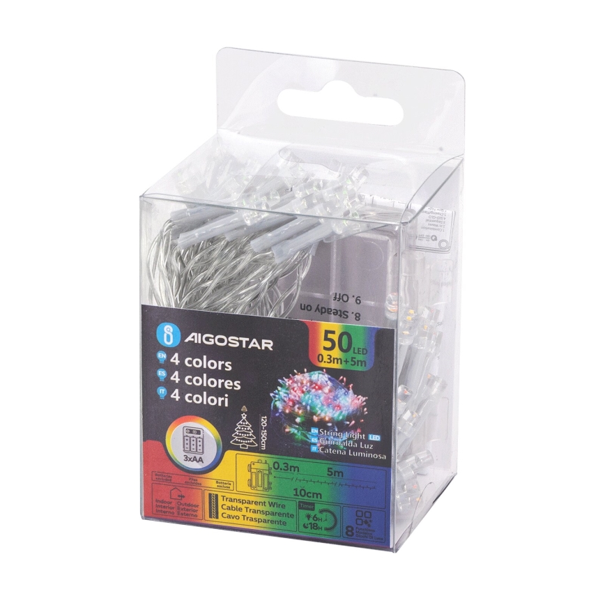 Aigostar - Guirlande de Noël extérieure 50 LED, 8 fonctions, 3x AA, 5,3 m, IP44, multicolore