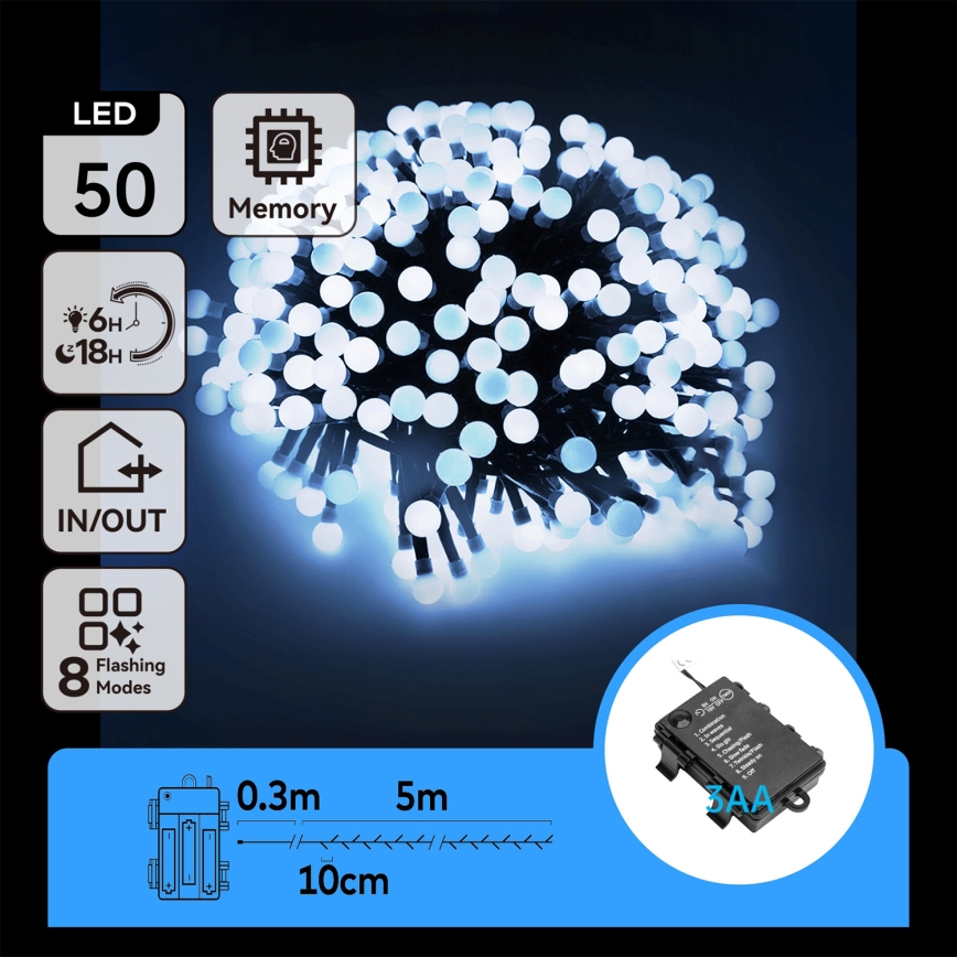 Aigostar -Guirlande de Noël extérieure 50xLED/8 fonctions 3xAA 5,3m IP44 blanc froid