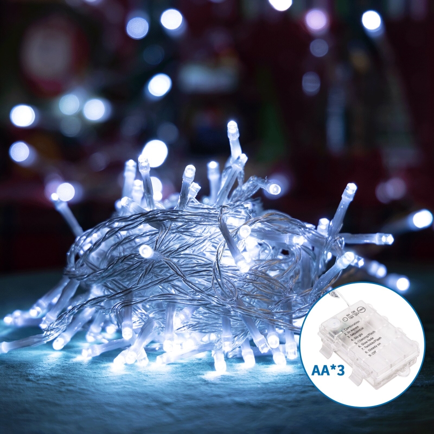 Aigostar -Guirlande de Noël extérieure 50xLED/8 fonctions 3xAA 5,3m IP44 blanc froid