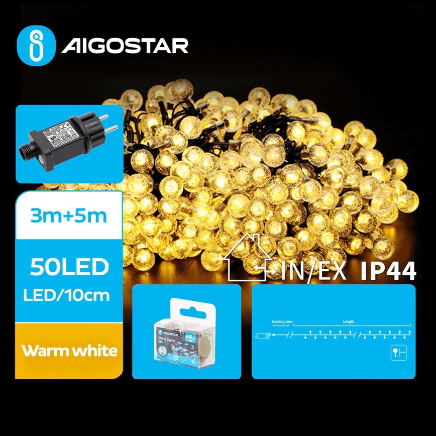 Aigostar - Guirlande de Noël extérieure 50xLED/8 fonctions 8m IP44 blanc chaud